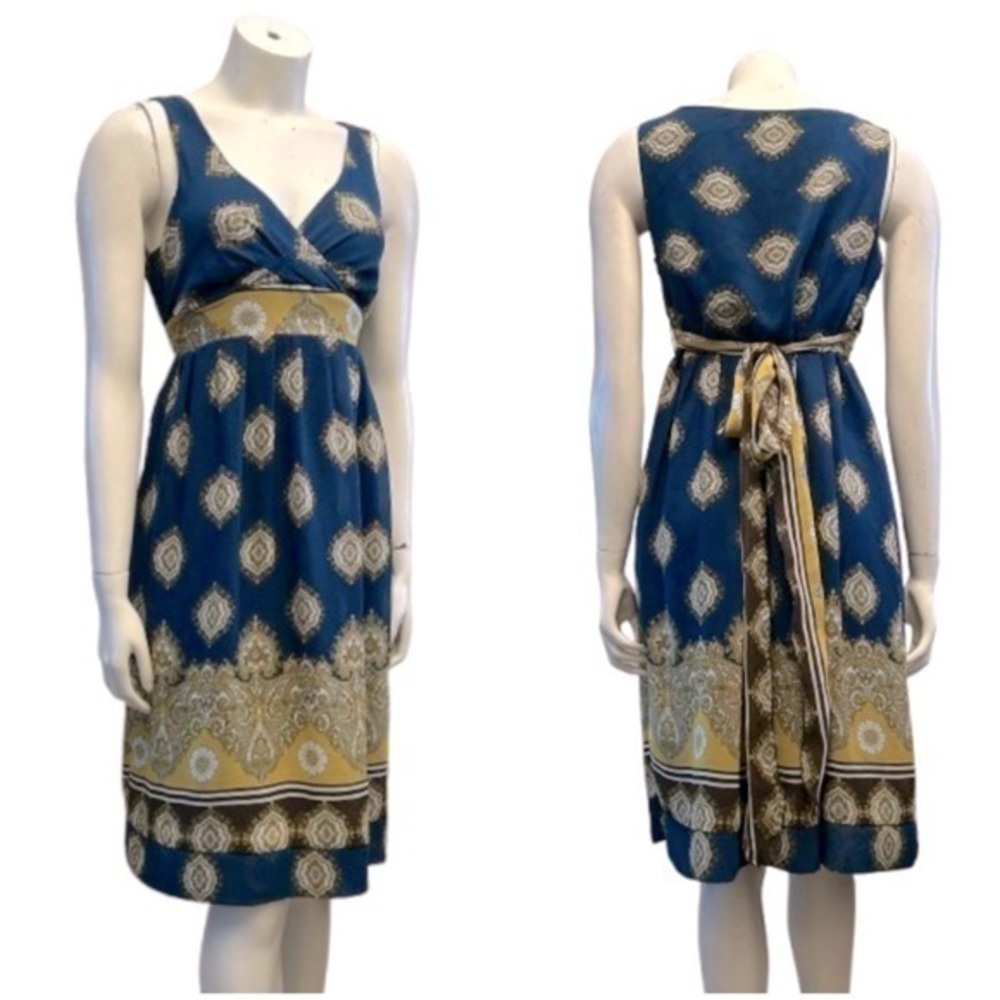 Jonathan Martin Blue and Gold Midi Sundress with V-Neck, Sleeveless Design & Tie